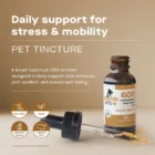 A bottle of ANANDA PETS HEMP EXTRACT 600 broad-spectrum CBD tincture for pets with dropper, labeled for daily stress & mobility support, non-GMO, vegan, 3rd party tested, and made in the USA, on a neutral background.