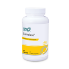 A white bottle of Serralase ™ dietary supplement is shown, featuring yellow accents and health-focused branding. The label states Supports Tissue Health and indicates the bottle contains 90 tablets.