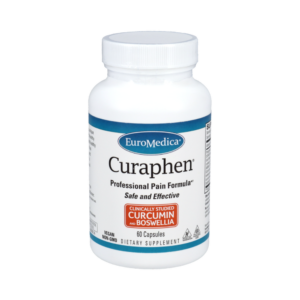 A white bottle of Curaphen® dietary supplement with a blue label, labeled as a professional pain formula with curcumin and boswellia, containing 60 vegan, non-GMO capsules.