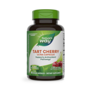 A bottle of Tart Cherry Ultra 90 vcaps, supporting antioxidant pathways, offers 1,200 mg per 3-capsule vegan serving. The label displays cherries and a green lid.