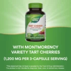 A bottle of Tart Cherry Ultra 90 vcaps is displayed on a green background with text stating With Montmorency Variety Tart Cherries (1,200 mg per 3-capsule serving). An FDA disclaimer appears below.