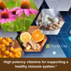 A collage of echinacea flowers, garlic in hands, ginger, citrus fruits, and yellow berries with the text: Immuno Caps 90 caps—high potency support for a healthy immune system.