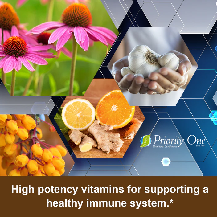 A collage of echinacea flowers, garlic in hands, ginger, citrus fruits, and yellow berries with the text: Immuno Caps 90 caps—high potency support for a healthy immune system.