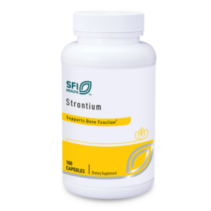 A white bottle of Strontium 300mg 100 caps dietary supplement with a yellow label that reads Supports Bone Function. By SFI (formerly Klaire Labs)