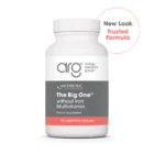 White bottle of the big one multivitamin by allergy research group and metabolic maintenance. Circle text states new look, trusted formula