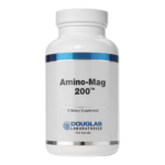 A white bottle of Douglas Laboratories Amino-Mag 200 dietary supplement with a silver and blue label, containing 100 tablets.
