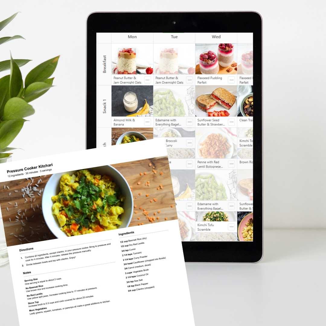 A sample recipe and a menu from the meal plans.