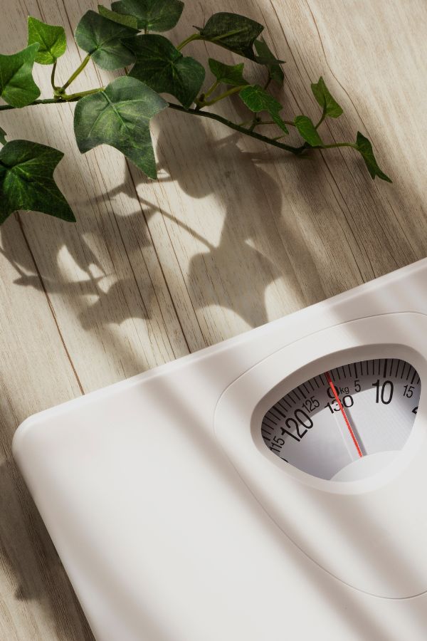 A white analog bathroom scale sits on light wooden flooring, with green leafy plant shadows cast across the scene—an inviting image for anyone starting their journey with a weight support group. The scale’s needle points to around 62 kilograms.