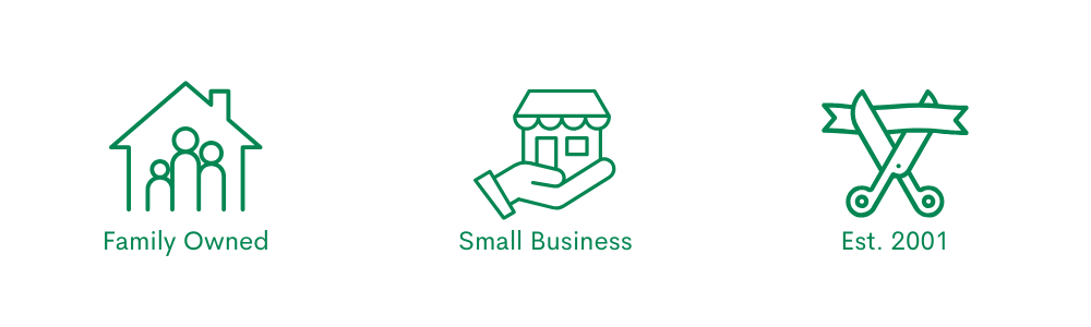 Icons showing small business, family business, and established in 2001