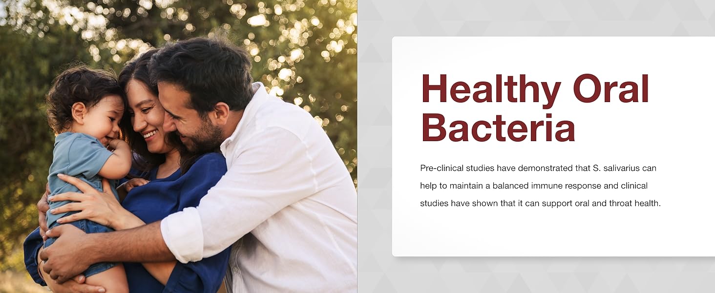 A happy family—two adults and a child—embrace outdoors. Next to them, text reads: “E.N.T. Biotic ™ contains S. salivarius, clinically studied for supporting immune, oral, and throat health by promoting healthy oral bacteria.”.