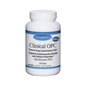 A white bottle of Clinical OPC ® dietary supplement, 400mg, with 60 softgels. The label features French grape seed extract, supports cardiovascular and cellular health, and notes a non-GMO formula.