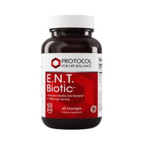 A bottle of E.N.T. Biotic ™ dietary supplement, featuring 60 lozenges with BLIS K12, supports healthy oral bacteria and provides 1 billion organisms per serving.