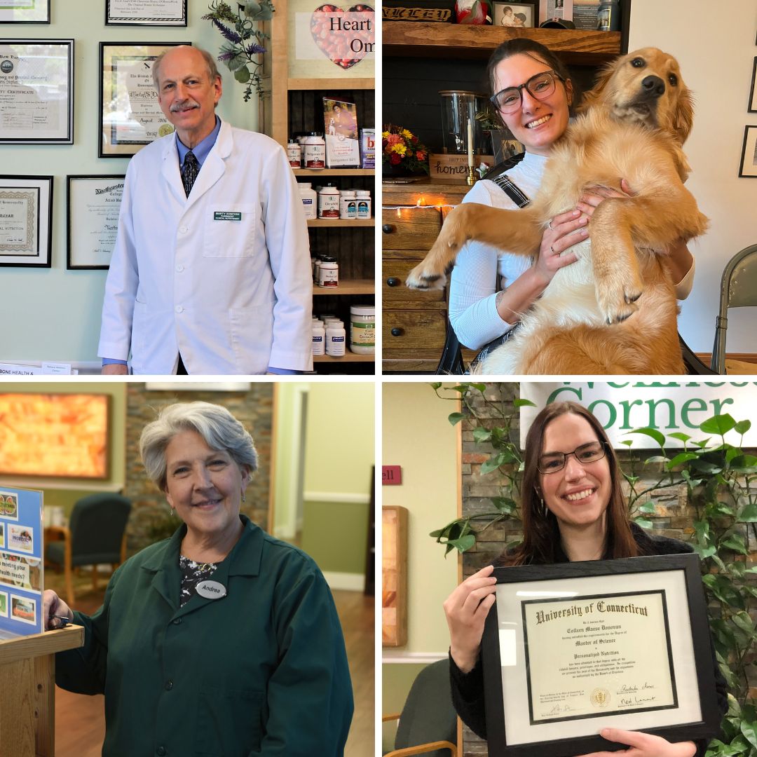 A collage of four images: a Marty Donovan in a white coat standing by certificates, Emily Dunkley holding a golden retriever, a woman in a green uniform by a supplement counter, and Colleen Donovan holding a framed diploma.