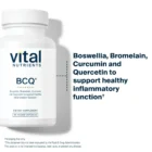 A white bottle of Vital Nutrients BCQ dietary supplement sits next to text listing its ingredients: Boswellia, Bromelain, Curcumin, and Quercetin, for healthy inflammatory function.