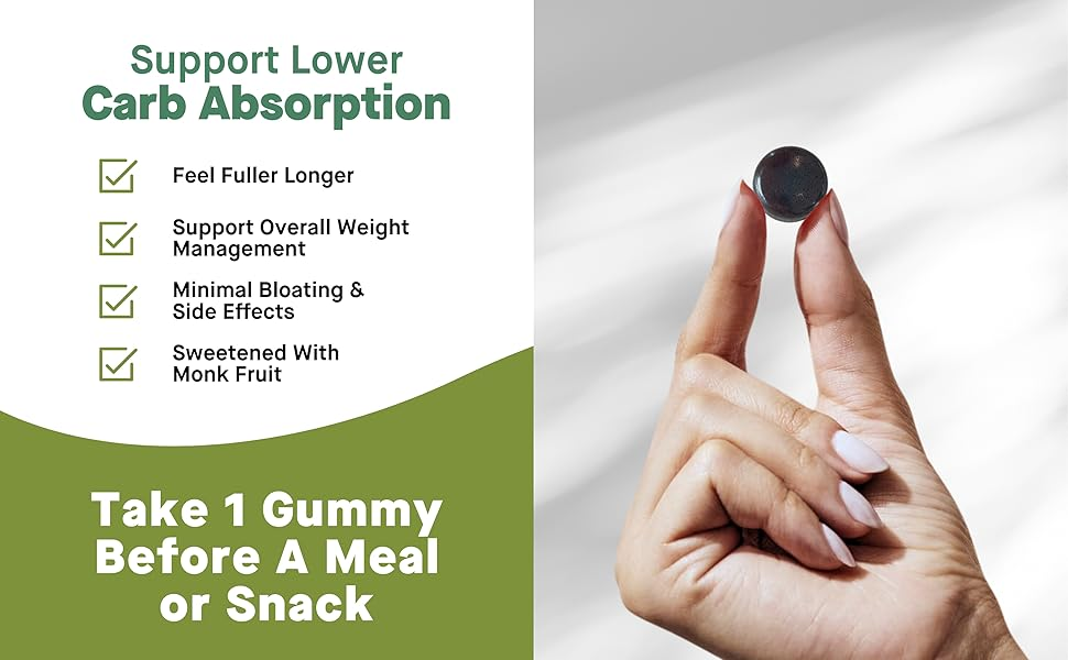 A hand holds a dark GLP-1 Support Gummies Supplement next to text: Support lower carb absorption, feel fuller longer, aid weight management, minimize bloating & side effects, sweetened with monk fruit.