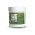 A white container of GLP-1 Support Gummies Supplement shows its label with supplement facts, ingredients, suggested use, and warnings. The design includes fruit slice images on a green background with descriptive text.