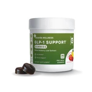 A white container labeled GLP-1 Support Gummies Supplement is shown with a green label featuring icons and text. Two dark, round gummies sit beside the container.