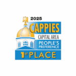 Award badge with a gold dome illustration, text 2025 Cappies Capital Area Peoples Preference 1st Place in blue, yellow, and white—perfect for recognizing excellence in natural supplements.