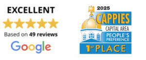 Graphic showing a 5-star Google rating based on 49 reviews and a 2025 CAPPies Capital Area People’s Preference 1st Place award badge.