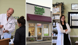 A collage with three images: a pharmacist assisting a customer, the exterior of Natural Wellness Corner store, and a female pharmacist smiling and standing by shelves with supplements and framed certificates.