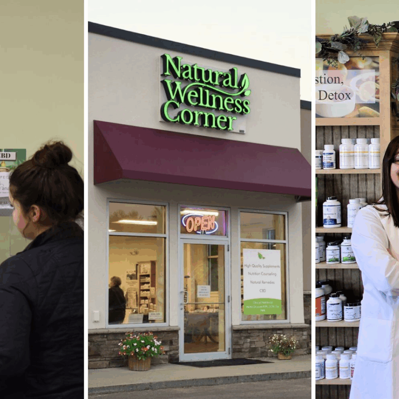 A collage with three images: a pharmacist assisting a customer, the exterior of Natural Wellness Corner store, and a female pharmacist smiling and standing by shelves with supplements and framed certificates.