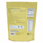 Back view of a yellow Dream Protein Chocolate / Vanilla 720g bag displays product details, supplement facts, ingredients, usage directions, and barcode. Text and nutritional info are clearly visible on the package.