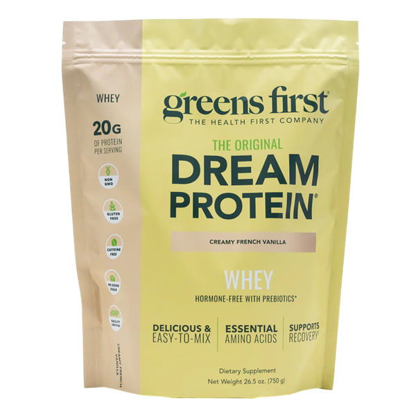 A yellow pouch of Dream Protein Chocolate / Vanilla 720g, featuring 20g protein per serving, whey, hormone-free, with prebiotics; offers easy mixing, essential amino acids, and supports recovery.