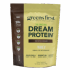 A yellow and brown package of Dream Protein Chocolate / Vanilla 720g highlights protein content, key benefits, hormone-free with prebiotics, and supports recovery.