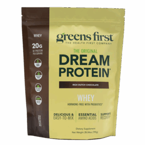 A yellow and brown package of Dream Protein Chocolate / Vanilla 720g highlights protein content, key benefits, hormone-free with prebiotics, and supports recovery.