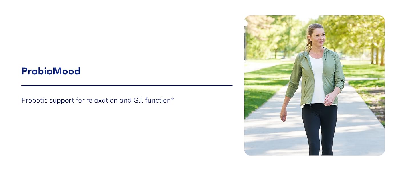 A woman in athletic wear smiles as she walks through a green park. Text: “ProbioMood – Probiotic support for relaxation and digestive health.*” Discover how ProbioMood can naturally support your mood and G.I. wellness.*.