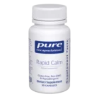 A white bottle of Rapid Calm contains 30 dietary supplement capsules. The label states it is gluten-free, non-GMO, hypoallergenic, and supports moderation of occasional stress.