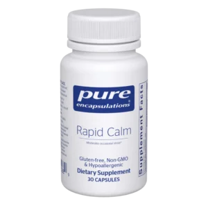 A white bottle of Rapid Calm contains 30 dietary supplement capsules. The label states it is gluten-free, non-GMO, hypoallergenic, and supports moderation of occasional stress.