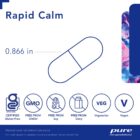 Illustration of a 0.866-inch Rapid Calm capsule with Pure Encapsulations branding; icons show it’s gluten-free, GMO-free, soy-free, dairy-free, vegetarian, and vegan.