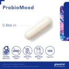 ProbioMood is a white capsule, 0.866 inches long, with gluten-free, GMO-free, soy-free, dairy-free, and vegetarian icons and a blue and pink abstract design on the side.
