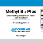 Front and back label of Douglas Laboratories Methyl B12 Plus dietary supplement, showing product name, suggested usage, supplement facts, warnings, QR code, branding, and manufacturer details on a blue and white background.