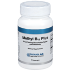 A white bottle labeled Methyl B12 Plus dietary supplement by Douglas Laboratories, containing 90 lozenges. The label highlights dissolvable tablets with Metafolin and displays blue and gray branding.