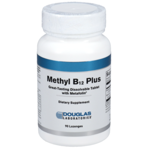 A white bottle labeled Methyl B12 Plus dietary supplement by Douglas Laboratories, containing 90 lozenges. The label highlights dissolvable tablets with Metafolin and displays blue and gray branding.
