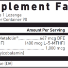 Supplement Facts label showing per lozenge: 667 mcg DFE Folate (400 mcg L-5-MTHF, 167% DV) and 1,000 mcg Vitamin B12 (as methylcobalamin, 41,667% DV). 90 servings per container.